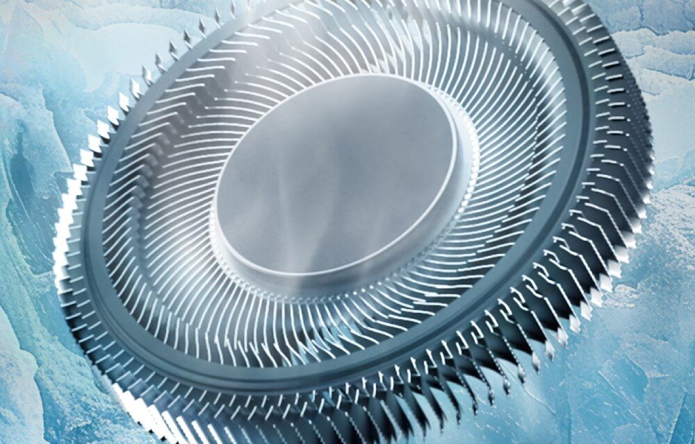 Laptop PREDATOR Helios 16 AI PH16-73 Zbliżenie na wentylator laptopa z cienkimi metalowymi łopatkami, ukazany na tle w odcieniach lodowego błękitu, chłodzenie, wentylatory, sterowanie