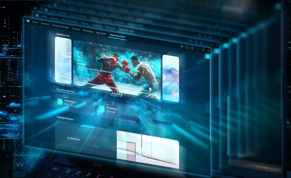Laptop PREDATOR Helios 16 AI PH16-73 Interfejs oprogramowania sterującego laptopem z wyeksponowanymi funkcjami, widoczny ekran z grafiką bokserów oraz opcje ustawień i aplikacji, oprogramowanie, funkcje, narzędzia