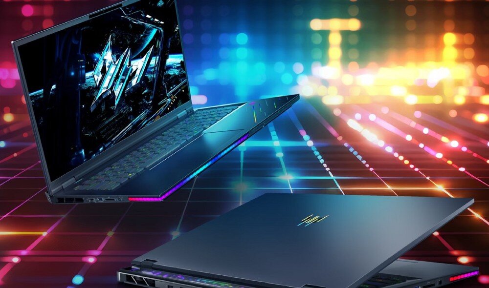 Laptop PREDATOR Helios 16 AI PH16-73 Dwa laptopy ustawione na tle wielobarwnej, cyfrowej siatki – jeden z otwartym ekranem i widocznym logotypem, drugi zamknięty z tyłu z podświetleniem na obudowie, podświetlenie, wygląd, logo