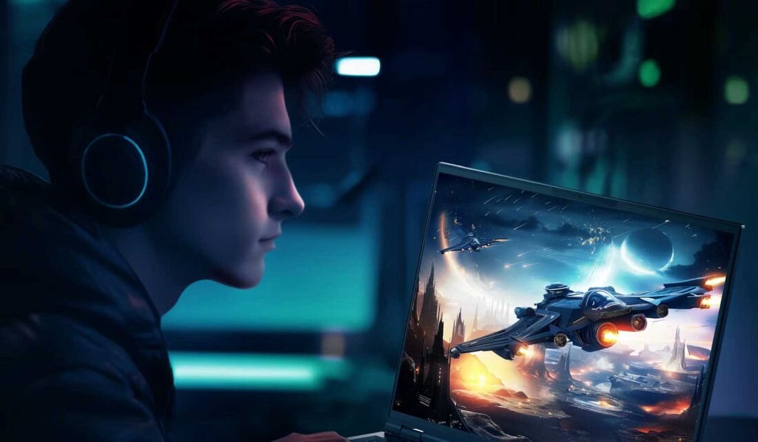 Mężczyzna w słuchawkach gra na laptopie, skupiony na rozgrywce.   - SSD PCIe NVMe 5.0, RAM DDR5 