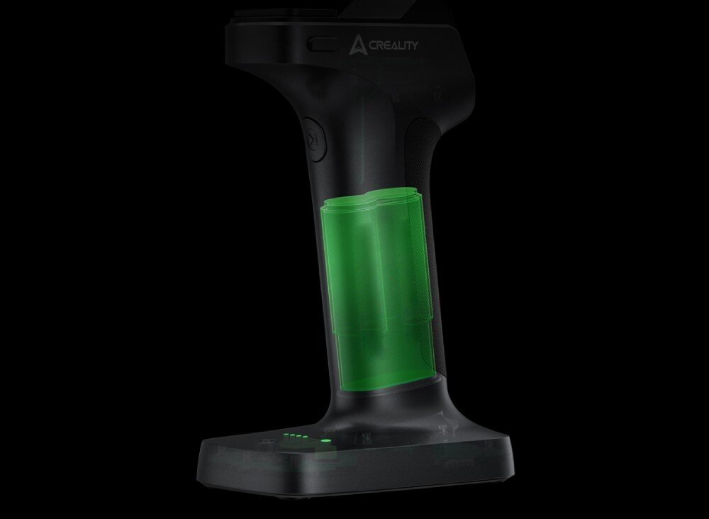 Skaner 3D CREALITY RaptorX przekrój przez uchwyt urządzenia pokazujący dwa akumulatory z napisem '5000mAh' każdy, akumulator, pojemność, ładowanie