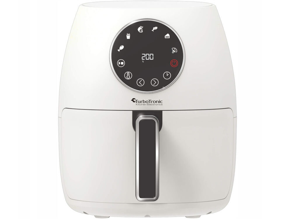 Air Fryer Frytkownica beztłuszczowa TURBOTRONIC TT-AF210 Biały zdrowe posiłki frytkownica biała obudowa okrągły panel sterowania ilustracje na panelu białe tło