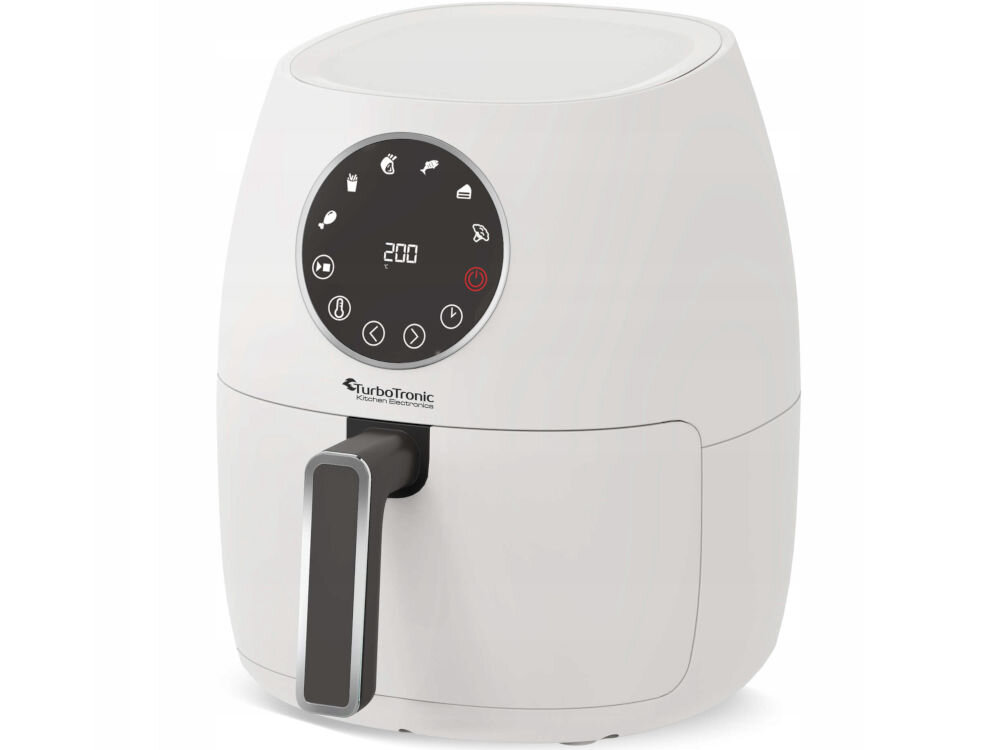 Air Fryer Frytkownica beztłuszczowa TURBOTRONIC TT-AF210 Biały biała frytkownica stoi bokiem zamknięta okrągły panel sterowania ilustracje na panelu białe tło szeroki zakres temperatur wydajna cyrkulacja powietrza pieczenie grillowanie przygotowywanie deserów różnorodność w kuchni eksperymentowanie z przepisami skrzydełka aromatyczne warzywa puszyste muffiny