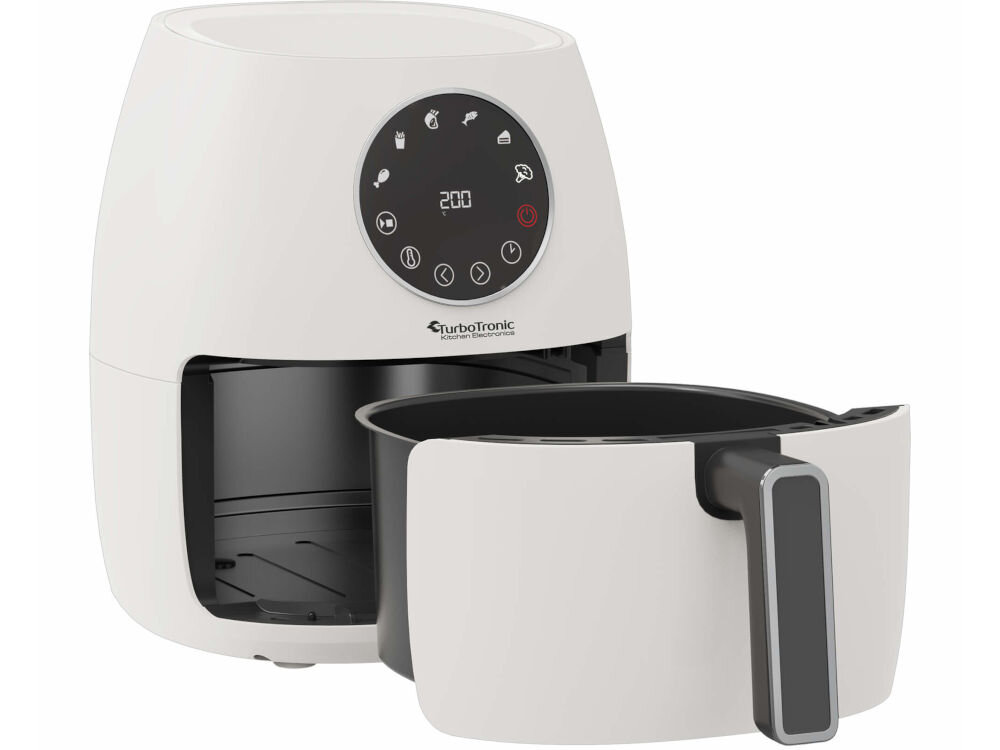 Air Fryer Frytkownica beztłuszczowa TURBOTRONIC TT-AF210 Biały frytkownica biała obudowa panel  terowanie ilustracja otwarty kosz białe tło proste czyszczenie powłoka nieprzywierająca zdejmowane elementy silikonowy kosz tacka mycie ręczne lub w zmywarce oszczędność czasu utrzymanie urządzenia w czystości 