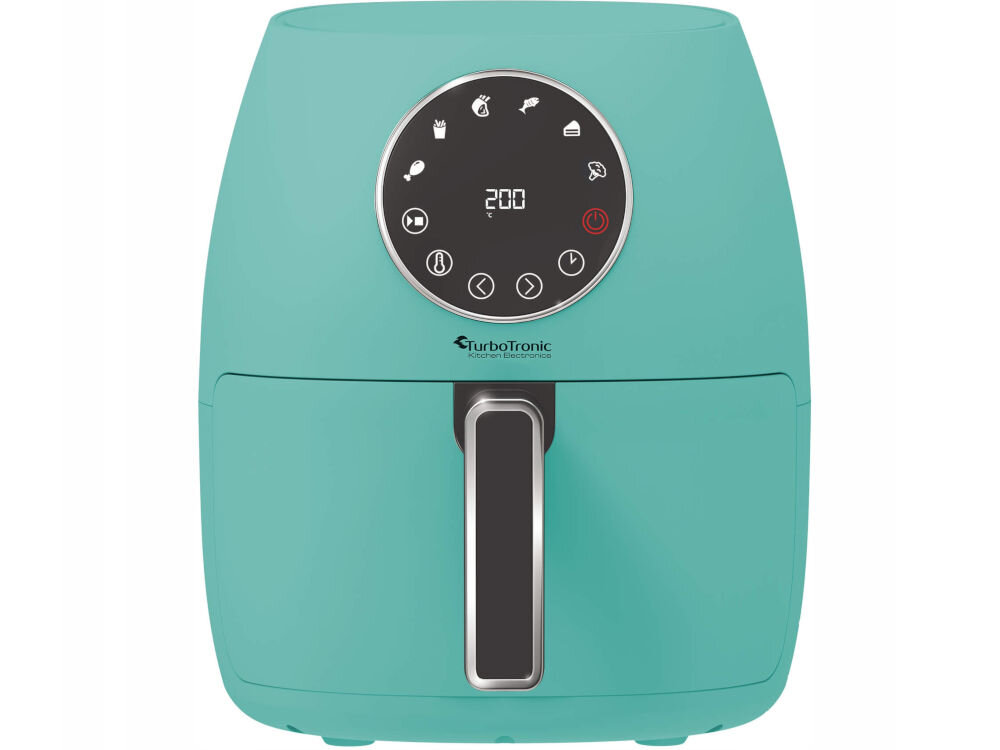 Air Fryer Frytkownica beztłuszczowa TURBOTRONIC TT-AF210 Turkusowy zdrowe posiłki frytkownica turkusowa obudowa okrągły panel sterowania ilustracje na panelu białe tło