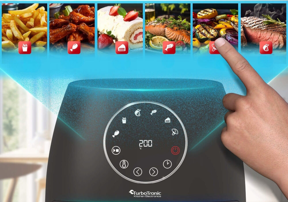 Air Fryer Frytkownica beztłuszczowa TURBOTRONIC TT-AF210 Turkusowy czarna frytkownica panel sterowania obrazki posiłków osoba wybiera palcem posiłek  Dotykowy panel sterowania sześć automatycznych programów frytki steki ryby ciasta jedno dotknięcie dobranie temperatury i czasu pieczenia ręczne ustawienie temperatury od 75°C do 200°C pełną kontrolę nad procesem gotowania 