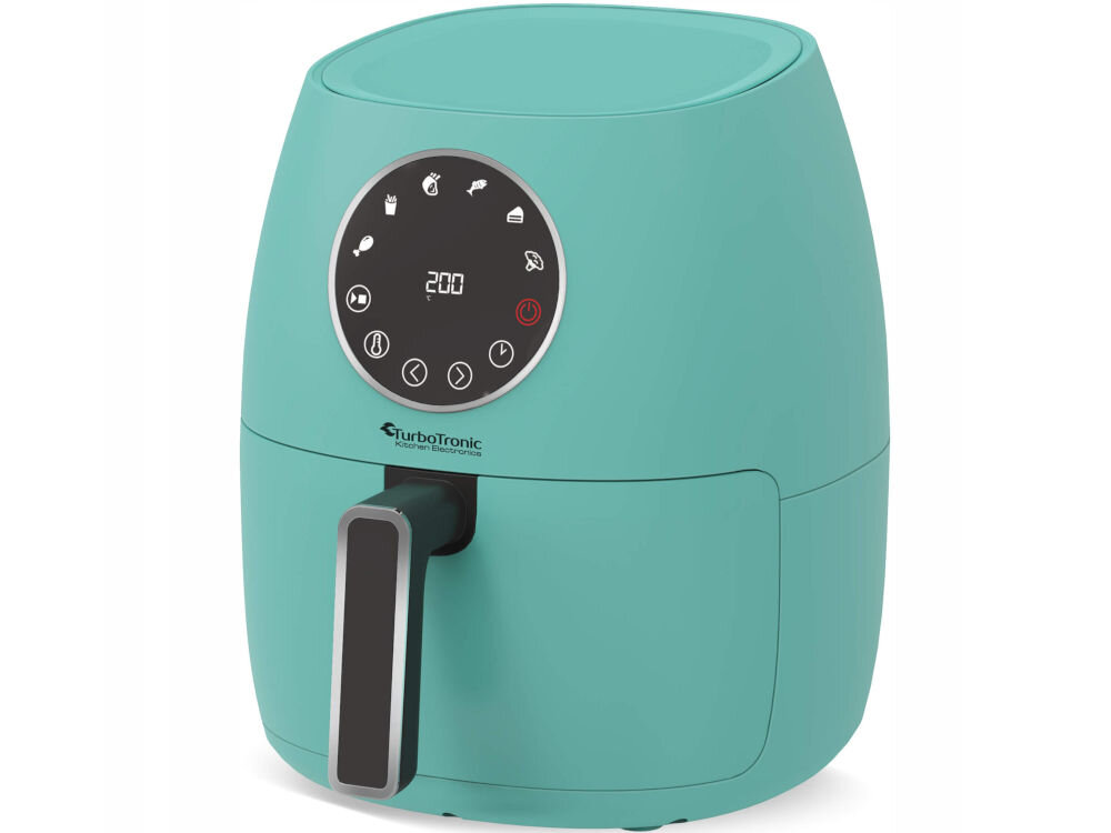 Air Fryer Frytkownica beztłuszczowa TURBOTRONIC TT-AF210 Turkusowy  frytkownica w kolorze turkusowym stoi bokiem zamknięta okrągły panel sterowania ilustracje na panelu białe tło szeroki zakres temperatur wydajna cyrkulacja powietrza pieczenie grillowanie przygotowywanie deserów różnorodność w kuchni eksperymentowanie z przepisami skrzydełka aromatyczne warzywa puszyste muffiny