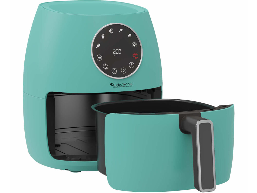 Air Fryer Frytkownica beztłuszczowa TURBOTRONIC TT-AF210 Turkusowy frytkownica turkusowa obudowa panel  terowanie ilustracja otwarty kosz białe tło proste czyszczenie powłoka nieprzywierająca zdejmowane elementy silikonowy kosz tacka mycie ręczne lub w zmywarce oszczędność czasu utrzymanie urządzenia w czystości 