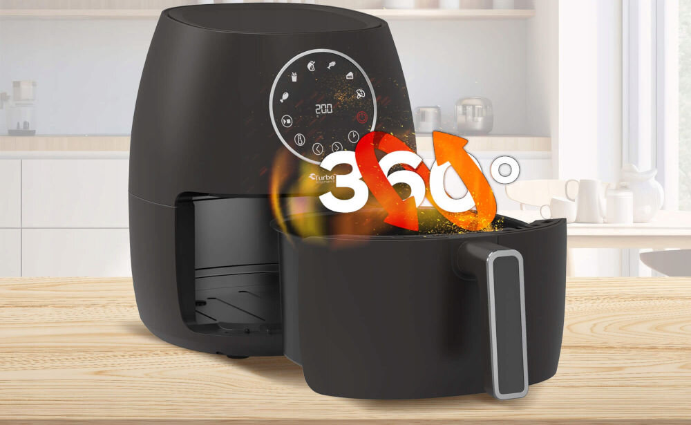 Air Fryer Frytkownica beztłuszczowa TURBOTRONIC TT-AF210 Czarny frytkownica czarna obudowa otwarty kosz frytkownica stoi na blacie okrągły panel sterowania  (31 x 26.3 x 35.5 cm) potrawy bez zbędnego tłuszczu technologia Rapid Air 360 stopni równomierne rozprowadzenie ciepła chrupkość optymalny smak potraw zdrowsze mniej kaloryczne dania zdrowy styl życia 