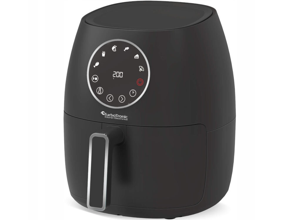 Air Fryer Frytkownica beztłuszczowa TURBOTRONIC TT-AF210 Czarny czarna frytkownica stoi bokiem zamknięta okrągły panel sterowania ilustracje na panelu białe tło szeroki zakres temperatur wydajna cyrkulacja powietrza pieczenie grillowanie przygotowywanie deserów różnorodność w kuchni eksperymentowanie z przepisami skrzydełka aromatyczne warzywa puszyste muffiny
