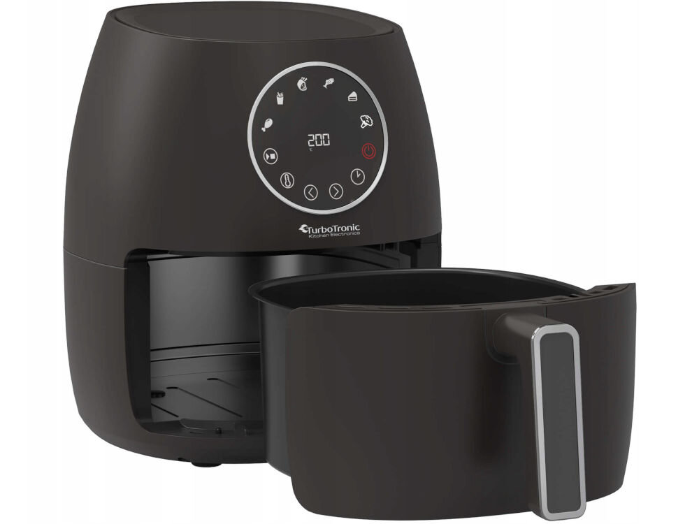 Air Fryer Frytkownica beztłuszczowa TURBOTRONIC TT-AF210 Czarny frytkownica czarna obudowa panel  terowanie ilustracja otwarty kosz białe tło proste czyszczenie powłoka nieprzywierająca zdejmowane elementy silikonowy kosz tacka mycie ręczne lub w zmywarce oszczędność czasu utrzymanie urządzenia w czystości 