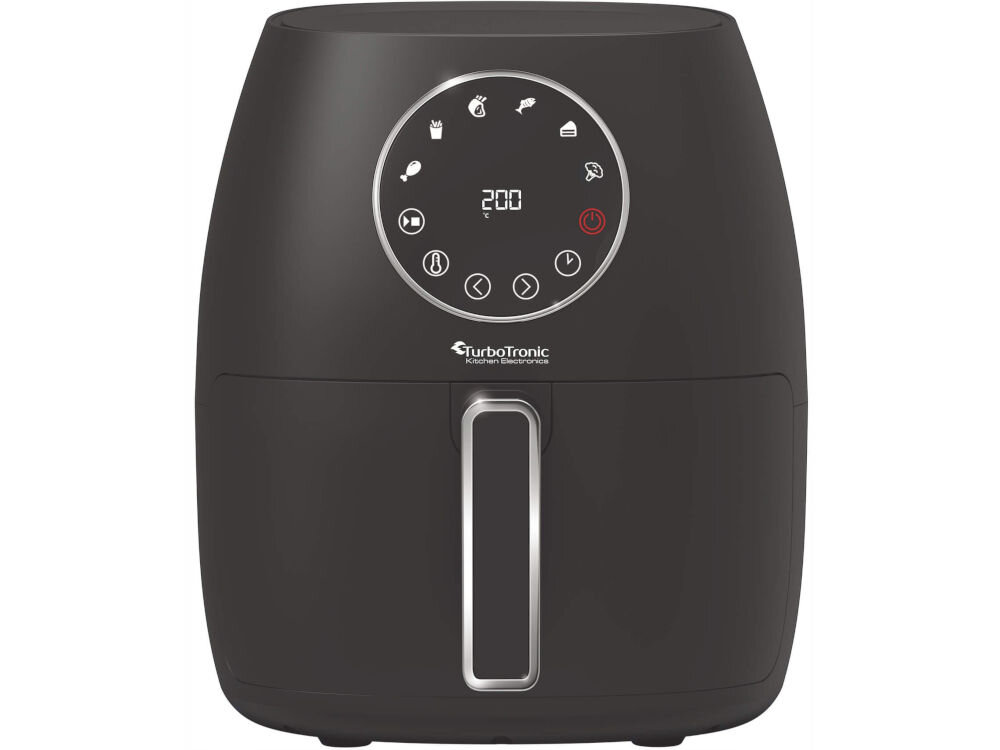 Air Fryer Frytkownica beztłuszczowa TURBOTRONIC TT-AF210 Czarny frytkownica czarna obudowa zamknięty kosz okrągły panel sterowania białe tło moc 1300 W efektywny system cyrkulacji powietrza skrócenie czasu gotowania zmniejszenie zużycia energii bardziej ekologiczne rozwiązanie mniejsze obciążenie dla środowiska zdrowy sposób smażenia bez oleju 