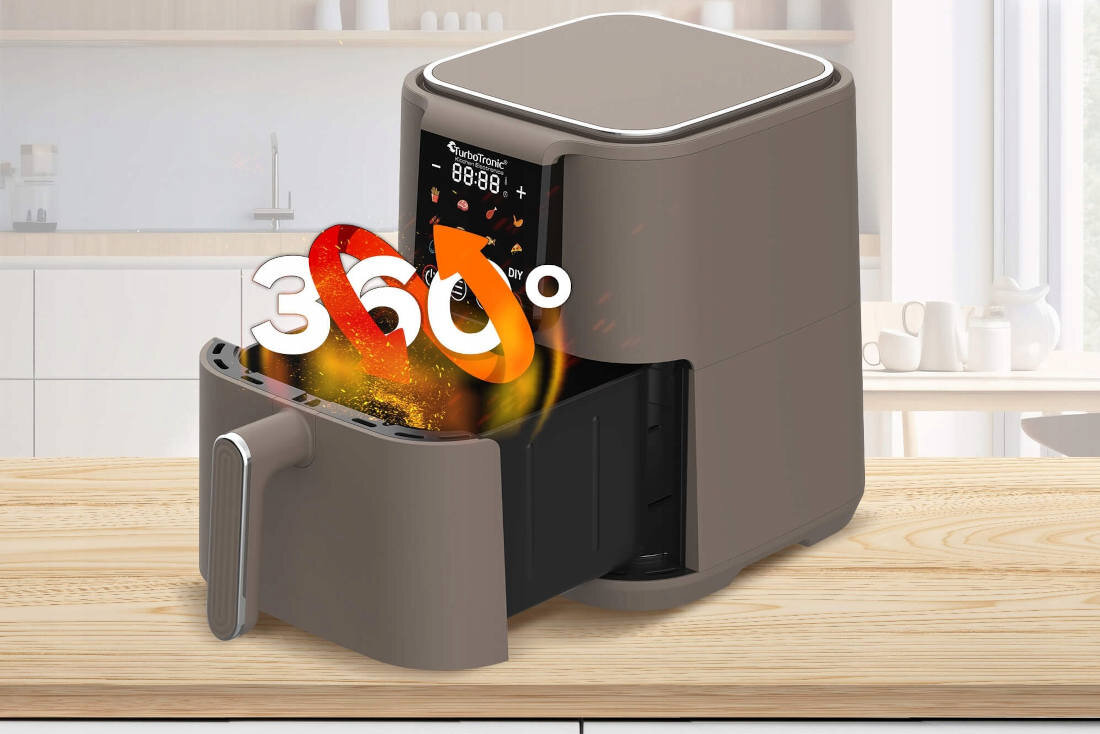 Air Fryer Frytkownica beztłuszczowa TURBOTRONIC TT-AF250 Beżowy 6l 12 automatycznych programów Chrupiący smak bez tłuszczu Technologia Rapid Air potrawy chrupiące na zewnątrz i soczyste w środku w zdrowej wersji smak dania