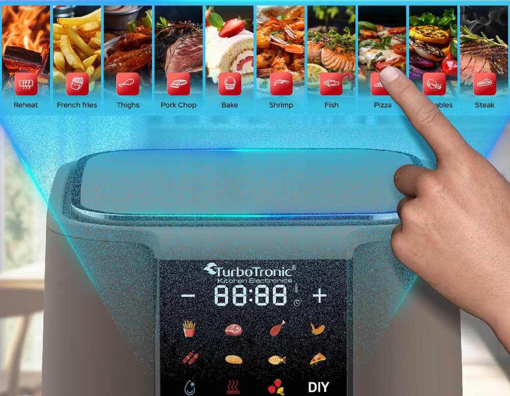 Air Fryer Frytkownica beztłuszczowa TURBOTRONIC TT-AF250 Beżowy 6l 12 automatycznych programów Wygodna obsługa dotykowa Kolorowy panel sterowania  ułatwienie obsługa wygoda komfort Intuicyjny wyświetlacz kontrola procesu smażeniaAutomatyczne programy jedno dotknięcie