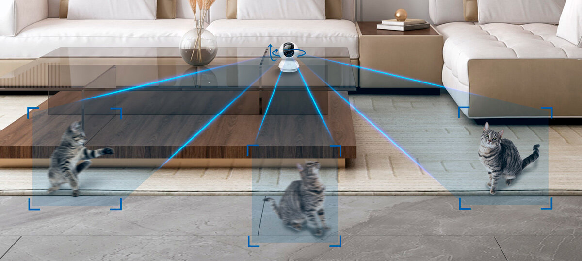 Kamera TP-LINK Tapo C230 Wewnętrzna, Wi-Fi, Kamera obrotowa, Tracking, ruch, śledzenie, monitoring, Kamera śledząca ruch kota w salonie.