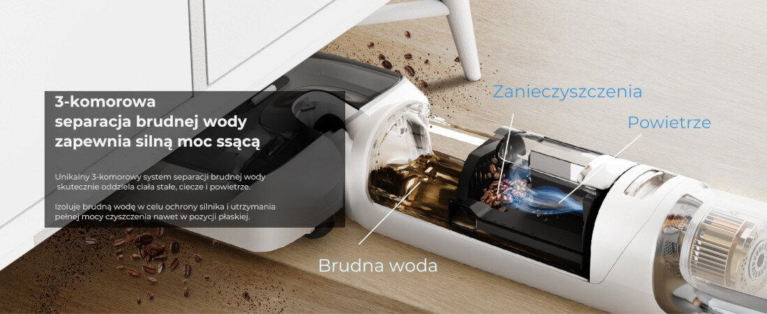 Odkurzacz piorący TINECO Floor One S5 Stretch Extreme Zawsze świeża woda System dwóch zbiorników wyłącznie świeża woda z dodatkiem środka myjącego higiena i połysk Trzykomorowa konstrukcja stałe, ciecze i powietrze