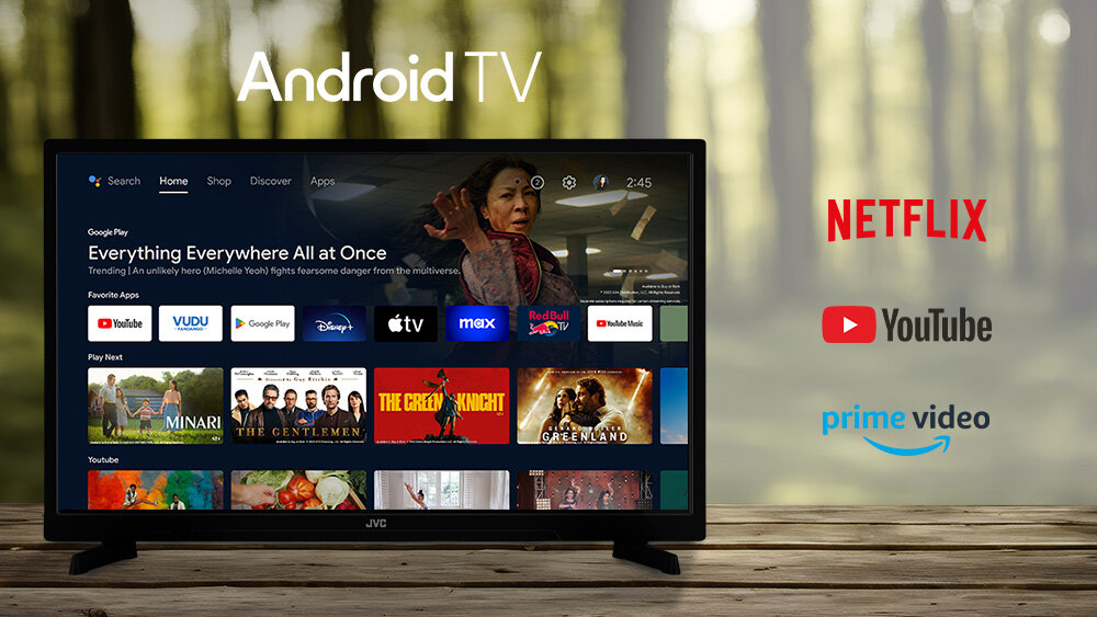 Telewizor JVC LT-24VAHM330 - Aplikacje w Android TV 11, telewizor stojący na stole z uruchomionym systemem operacyjnym