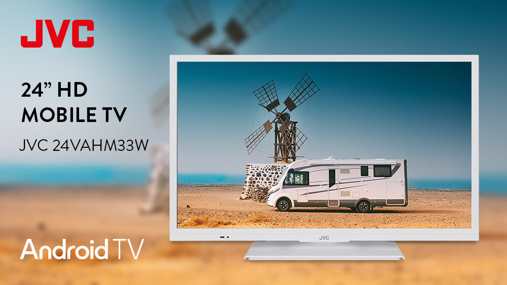 Telewizor JVC LT-24VAHM33W - Przenośny tv na kemping, telewizor na tle plaży