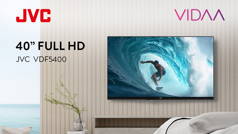 Telewizor JVC LT-40VDF5400 - Telewizor Full HD z VIDAA, telewizor powieszony na ścianie w salonie
