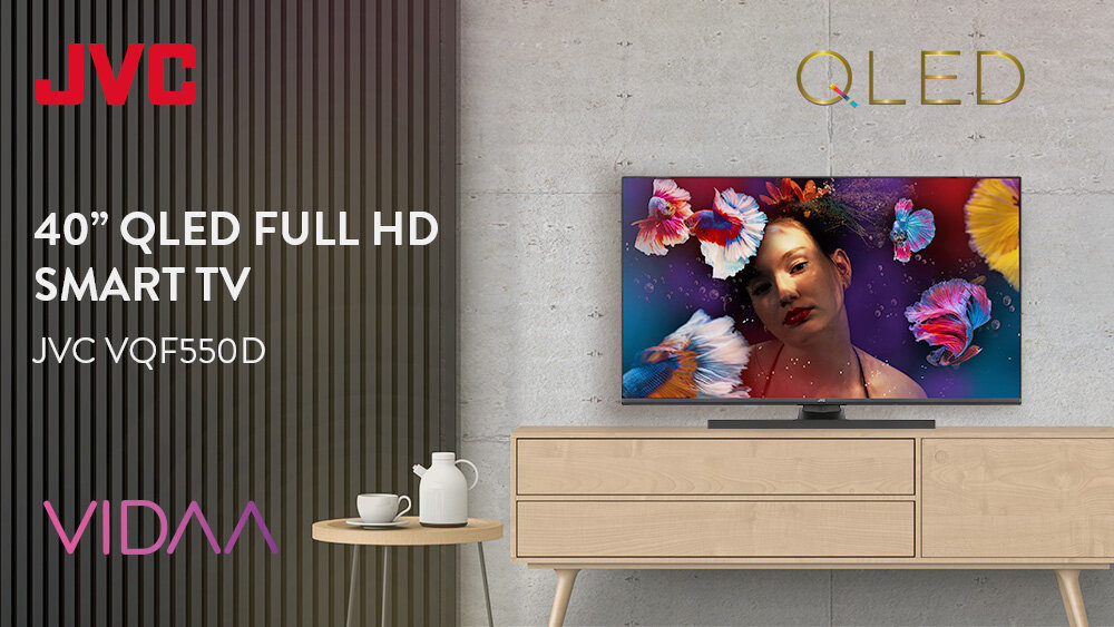 Telewizor JVC LT-40VQF550D - Telewizor QLED z multimediami, telewizor stojący na komodzie