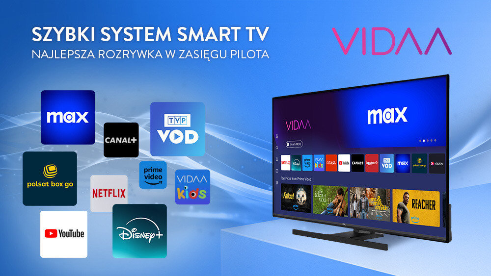 Telewizor JVC LT-40VQF550D - Intuicyjny system VIDAA, telewizor stojący na szafce pod kątem
