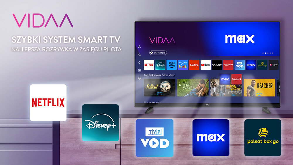 Telewizor JVC LT-32VDF5400 - Platforma VIDAA Smart TV, telewizor stojący na komodzie z włączonym systemem VIDAA