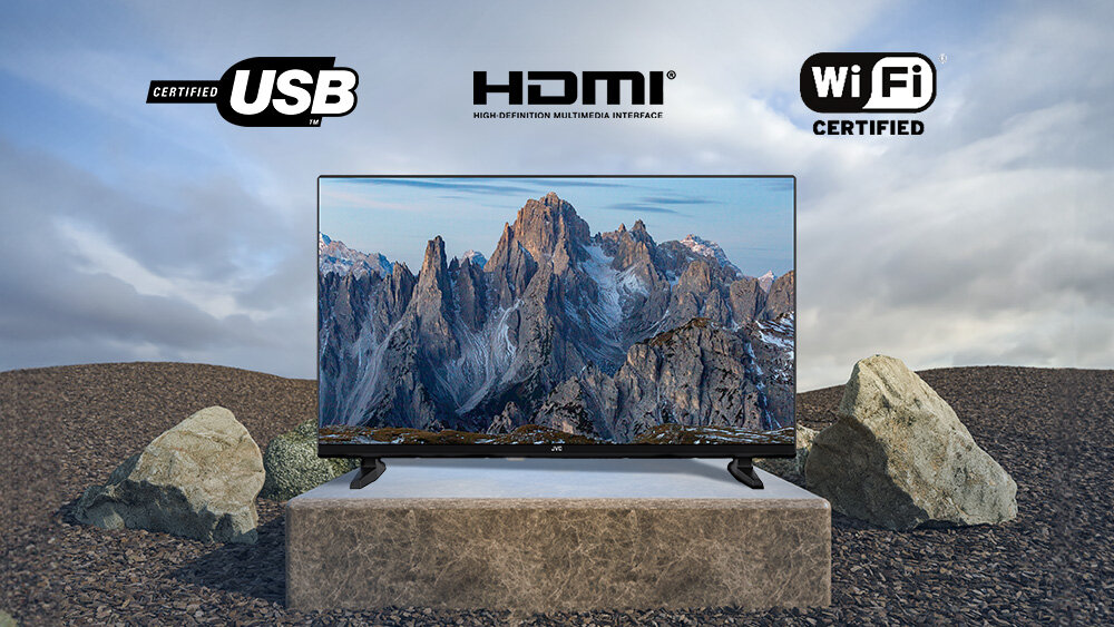 Telewizor JVC LT-32VDF5400 - Kompletny zestaw złączy, telewizor stojący na kamiennym fundamencie, Dwa porty HDMI, port USB-A, Wi-Fi