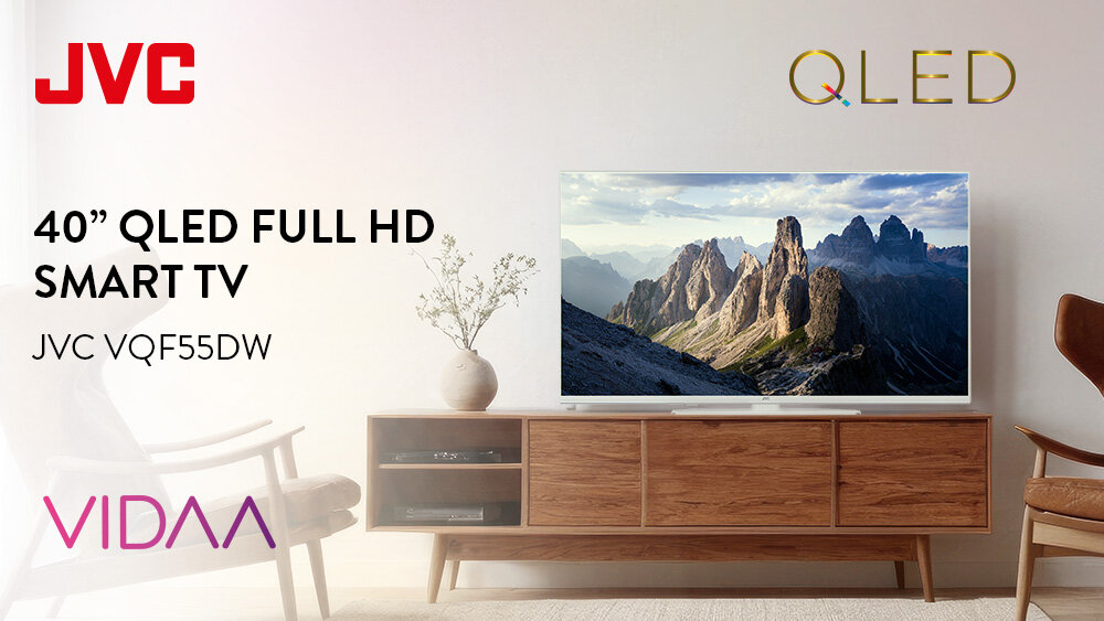 Telewizor JVC LT-40VQF55DW - Elegancki biały QLED TV, telewizor stojący na komodzie