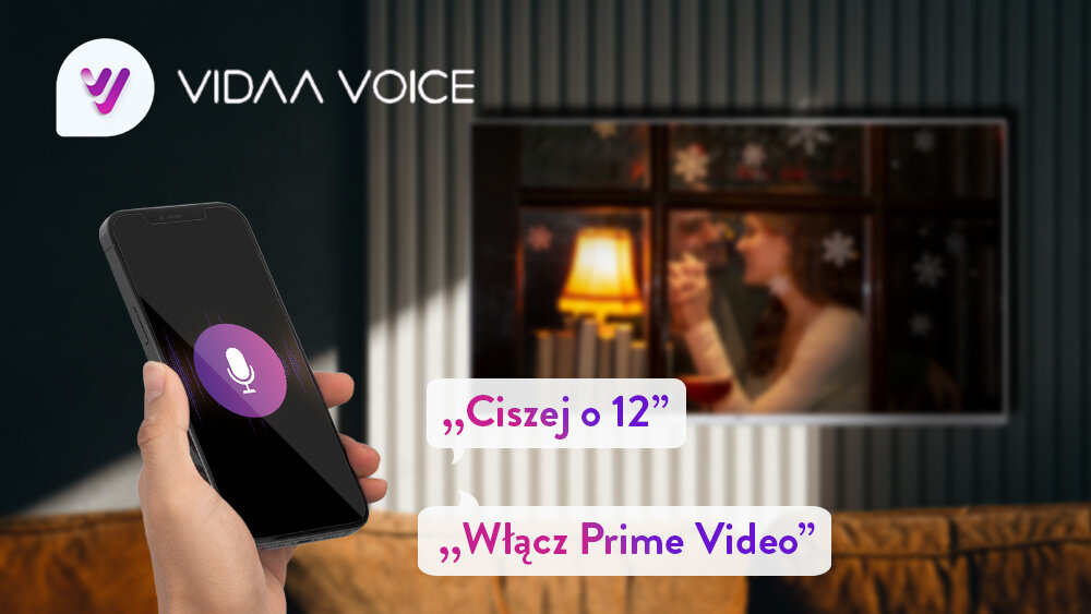 Telewizor JVC LT-40VQF55DW - Głosowa obsługa VIDAA Voice, ręka trzymająca telefon z uruchomioną aplikacją VIDAA Voice