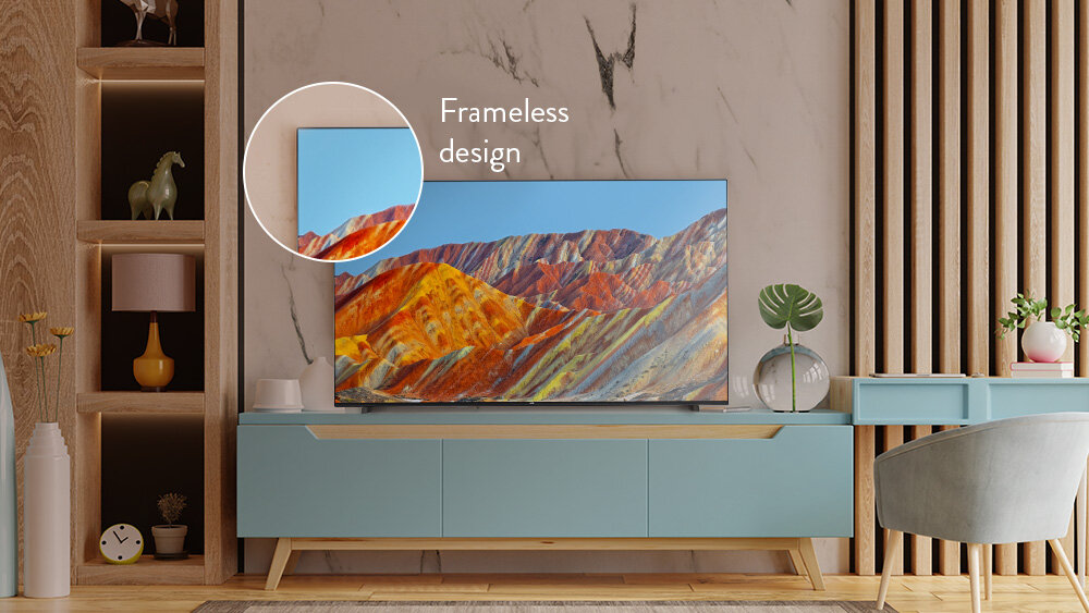 Telewizor JVC LT-43VD3500 - Bezramkowy design, telewizor w salonie, kadr ramki telewizora
