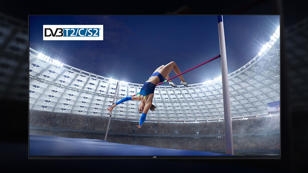 Telewizor JVC LT-55VDQ3500 - Tuner DVB-T2/C/S2 z HEVC, obraz w telewizorze, kobieta skacząca o wzwyrz