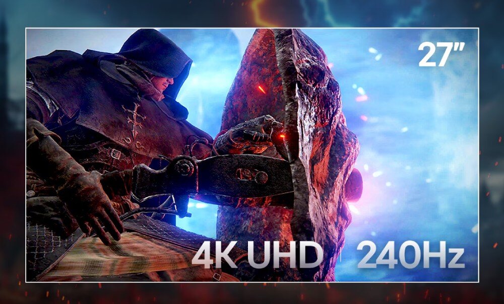 Monitor LG UltraGear 27G850A-B Grafika promocyjna przedstawiająca postać w płaszczu uderzającą młotem w skałę, z napisami '27', '4K UHD' i '240Hz', przekątna, rozdzielczość, matryca, kontrast