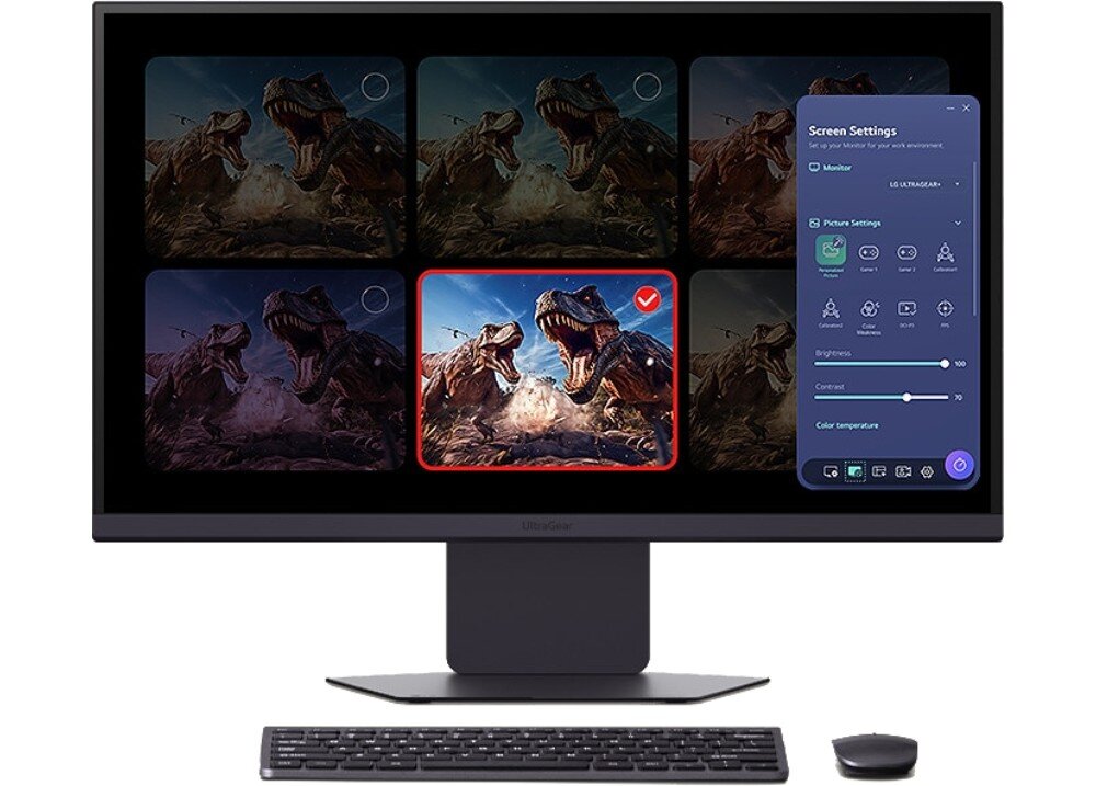 Monitor LG UltraGear 27G850A-B Monitor z interfejsem ustawień obrazu na ekranie, wyświetlający porównanie sześciu wariantów obrazu z grafiką przedstawiającą dwa dinozaury, interfejs, aplikacja, ustawienia