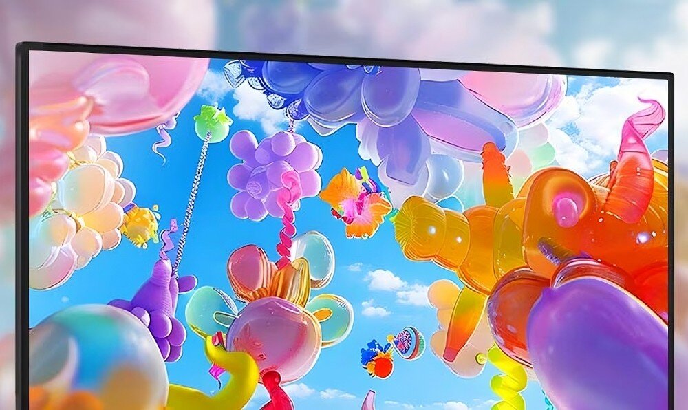 Monitor LG 32U631A-B Zbliżenie na górną część ekranu z balonami w kształcie zwierząt i innych kolorowych kształtów na tle nieba z chmurami, HDR, jasność, kontrast, kolory