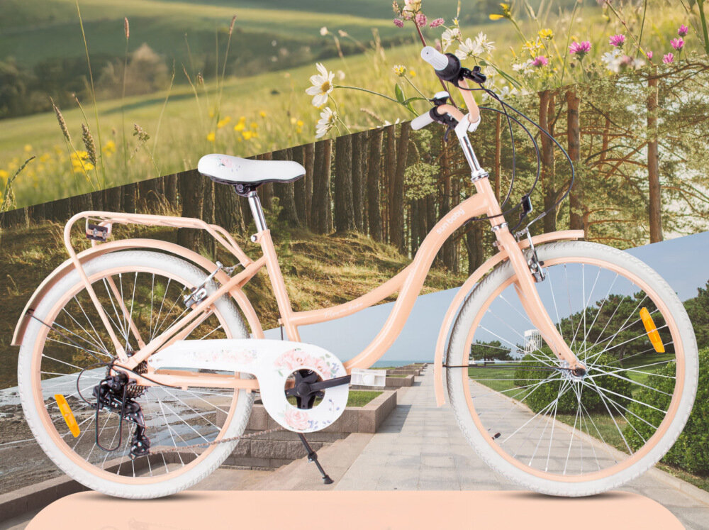 Rower młodzieżowy SUN BABY Flower Bike 24 cale dla dziewczynki Morelowy rower widoczny z boku w tle łąka i kwiaty dla dzieci w wieku od 8 do 12 lat trwałość wytrzymałość mocna konstrukcja