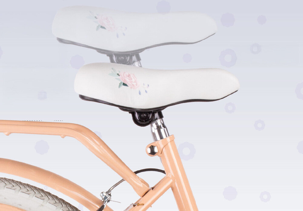 Rower młodzieżowy SUN BABY Flower Bike 24 cale dla dziewczynki Morelowy zbliżenie na siodełko wyszarzona możliwość regulacji zdjęcie na jasnym tle bezpieczna satysfakcjonująca aktywność wygodne siodełko regulacja w zakresie od 71 do 87 cm