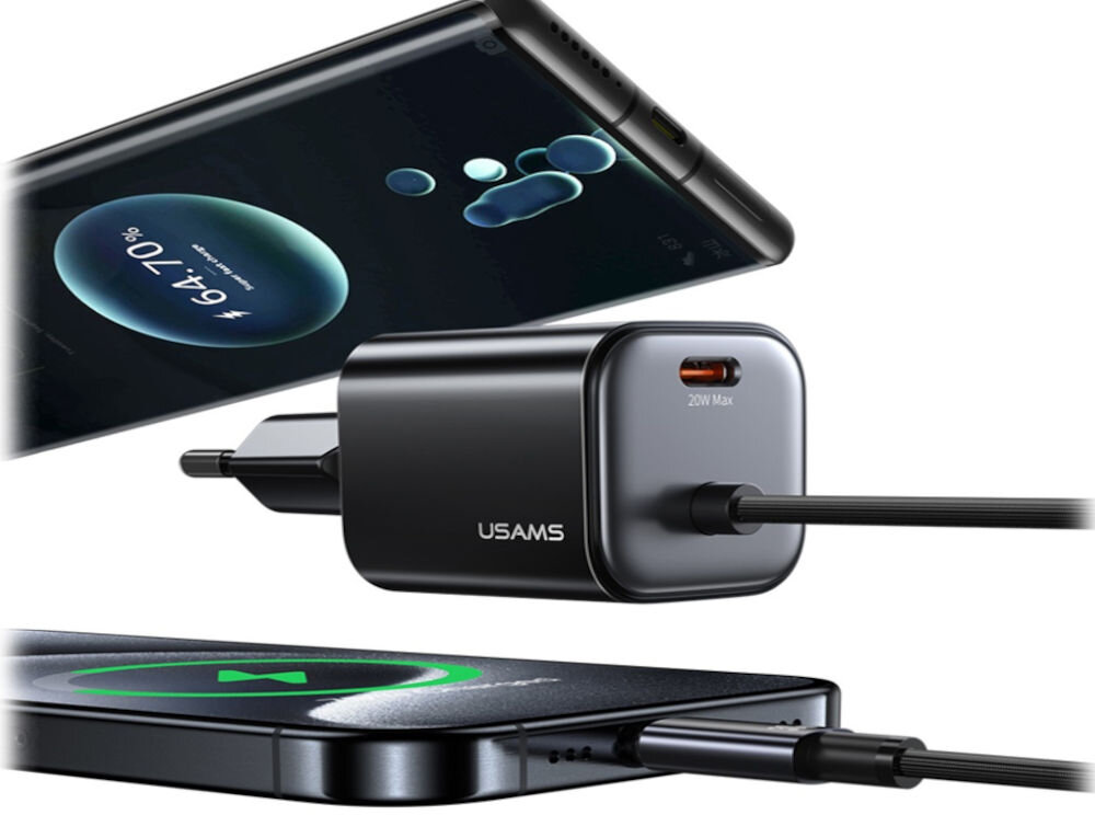 Ładowarka sieciowa USAMS CC261 GaN 20 W Czarny
ładowarka z podpiętym kablem do smartfona, drugi smartfon widnieje nad ładowarką na białym tle
konstrukcja wygoda system zabezpieczenia ochrona przed przegrzaniem przepięciem zwarciem bezpieczeństwo wygoda