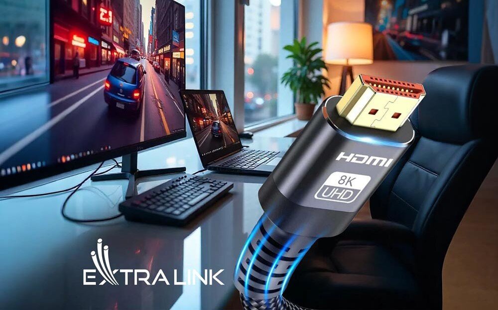 Kabel HDMI EXTRALINK 3 m wysoka przepustowość 48 Gb/s ultra szybka transmisja, kabel hdmi na głównym planie, monitor, klawiatura oraz laptop