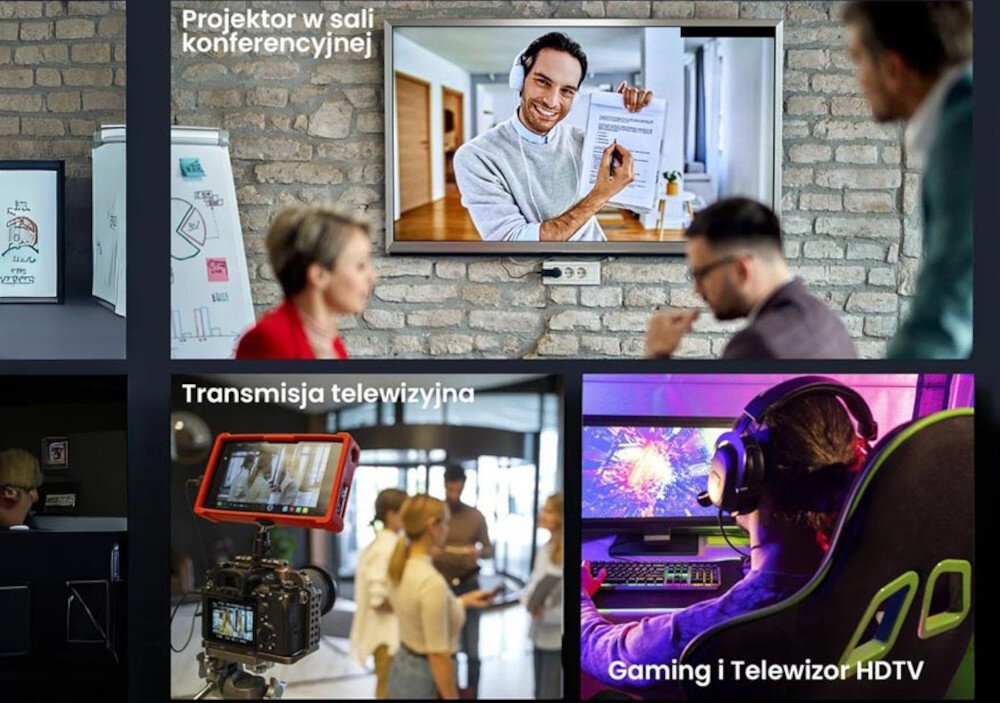 Kabel HDMI EXTRALINK 3 m szeroka kompatybilność projektor telewizor PS5 XBOX, różne kadry zastosowań kabla HDMI