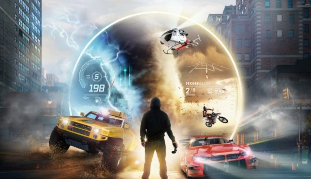 Telewizor PANASONIC TV77Z93AEG Game Mode Extreme 144Hz VRR HFR gry, osoba stojąca po środku drogi, dwa auta nadjeżdżające w jej kierunku, kadr z gry