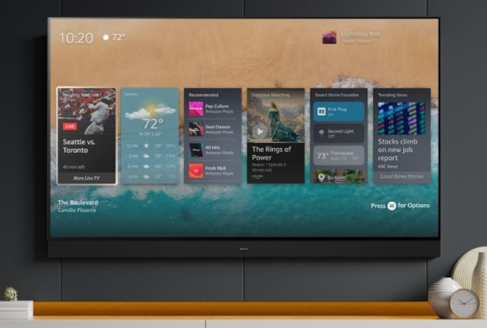 Telewizor PANASONIC TV77Z93AEG Ambient Experience sztuka zdjęcia galeria, telewizor zawieszony na ścianie nad komodą