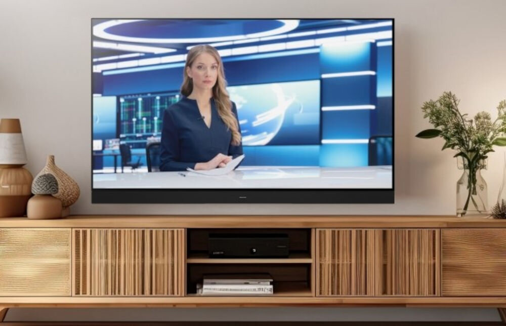 Telewizor PANASONIC TV77Z93AEG Fire TV telewizja na żywo kanały przewodnik, telewizor zawieszony na ścianie nad komodą