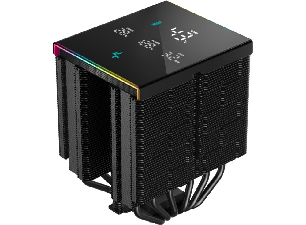 Chłodzenie CPU DEEPCOOL AK620 Digital Pro ARGB Izometryczny widok na konstrukcję chłodzenia bez wentylatorów, składającą się z dwóch wież z czarnych aluminiowych żeberek, sześciu miedzianych rurek cieplnych pomalowanych na czarno oraz górnej pokrywy z ekranem pokazującym przykładowe dane o wysokiej temperaturze 47 stopni Celsjusza