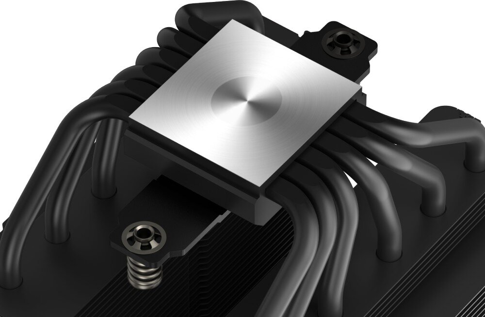 Chłodzenie CPU DEEPCOOL AK620 Digital Pro ARGB Spód chłodzenia prezentujący dużą, kwadratową i wypolerowaną podstawę z niklowanej miedzi, z której wychodzi sześć czarnych ciepłowodów rozchodzących się na dwie strony w kierunku radiatorów