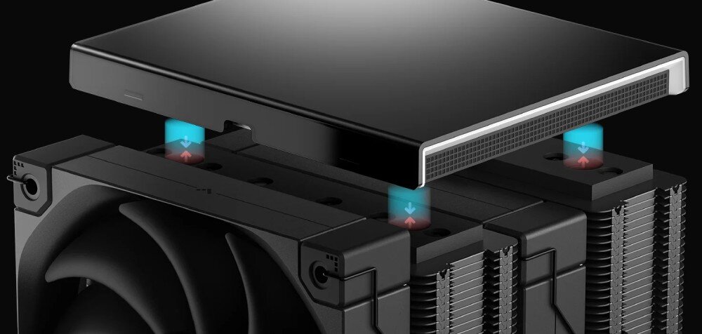 Chłodzenie CPU DEEPCOOL AK620 Digital Pro ARGB Zbliżenie na system montażu górnego panelu, który jest uniesiony nad radiatorami, pokazujące cztery magnetyczne punkty styku z niebieskimi i czerwonymi strzałkami symbolizującymi przyciąganie, co umożliwia bezproblemową instalację bez użycia narzędzi