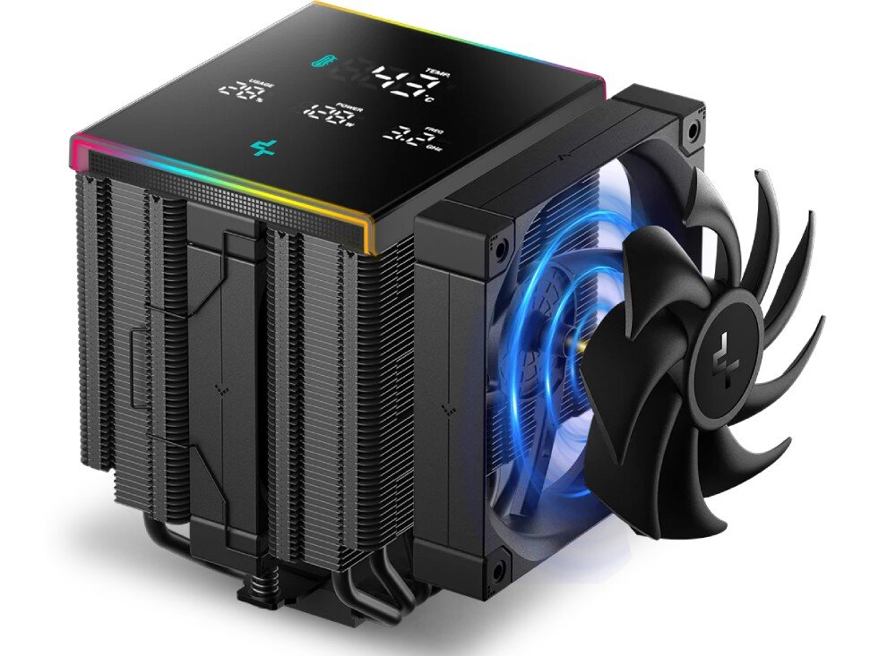 Chłodzenie CPU DEEPCOOL AK620 Digital Pro ARGB Widok na kompletne chłodzenie z zamontowanymi dwoma czarnymi wentylatorami, z których jeden jest pokazany w formie graficznego schematu z niebieskimi falami ilustrującymi przepływ powietrza przez strukturę radiatora