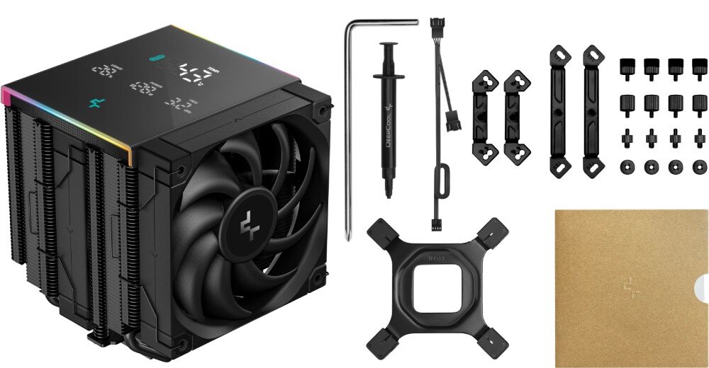 Chłodzenie CPU DEEPCOOL AK620 Digital Pro ARGB Zestawienie wszystkich elementów produktu, w tym dwuwieżowego chłodzenia z ekranem, tubki pasty termoprzewodzącej, metalowego klucza montażowego, czarnego rozdzielacza do wentylatorów oraz kompletu ramek i śrub montażowych do podstawek Intel oraz AMD ułożonych na białym tle obok brązowego pudełka akcesoryjnego