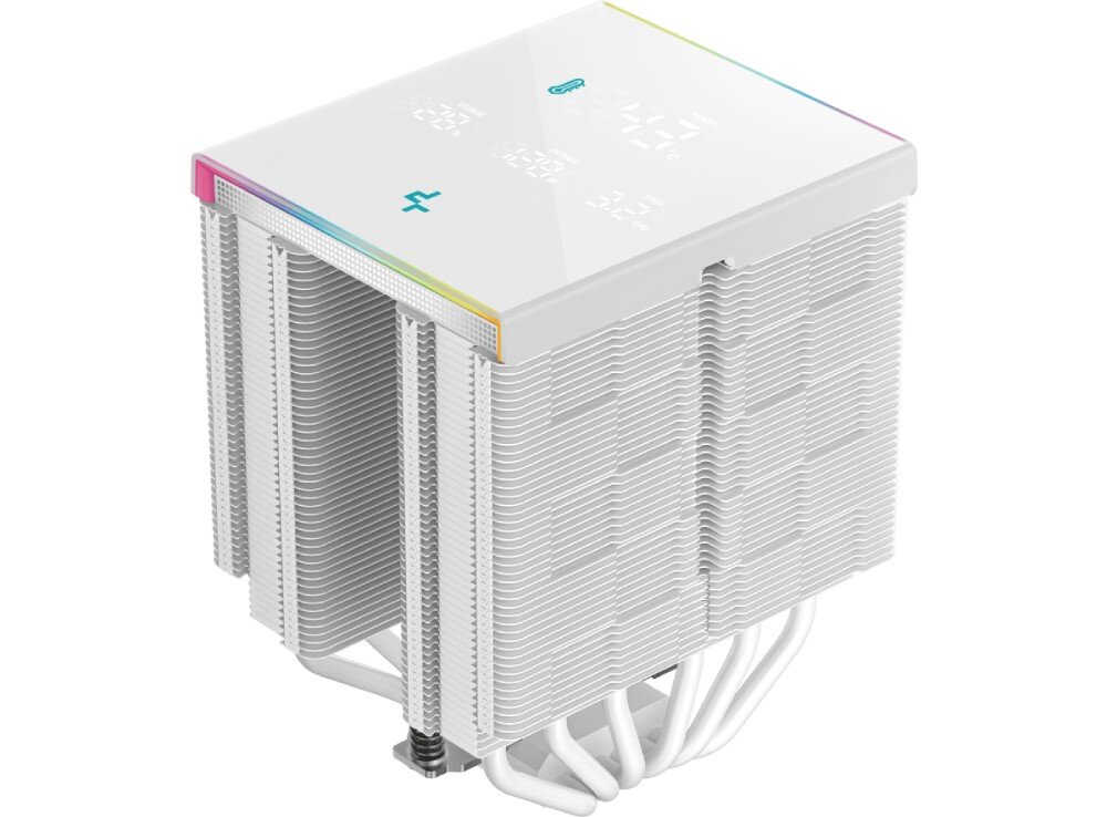 Chłodzenie CPU DEEPCOOL AK620 Digital Pro Izometryczny widok na konstrukcję chłodzenia bez wentylatorów, składającą się z dwóch wież z czarnych aluminiowych żeberek, sześciu miedzianych rurek cieplnych pomalowanych na czarno oraz górnej pokrywy z ekranem pokazującym przykładowe dane o wysokiej temperaturze 47 stopni Celsjusza