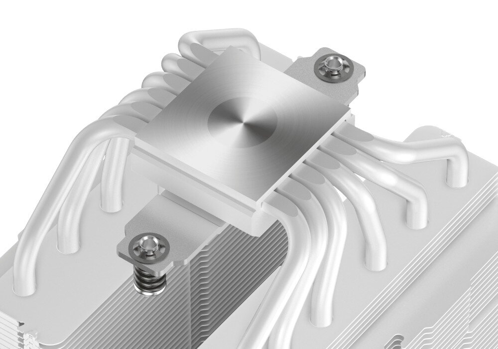 Chłodzenie CPU DEEPCOOL AK620 Digital Pro Spód chłodzenia prezentujący dużą, kwadratową i wypolerowaną podstawę z niklowanej miedzi, z której wychodzi sześć czarnych ciepłowodów rozchodzących się na dwie strony w kierunku radiatorów