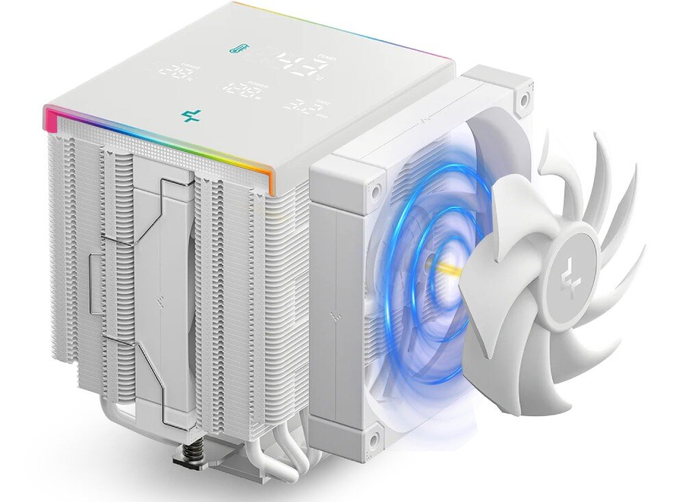 Chłodzenie CPU DEEPCOOL AK620 Digital Pro Widok na kompletne chłodzenie z zamontowanymi dwoma czarnymi wentylatorami, z których jeden jest pokazany w formie graficznego schematu z niebieskimi falami ilustrującymi przepływ powietrza przez strukturę radiatora